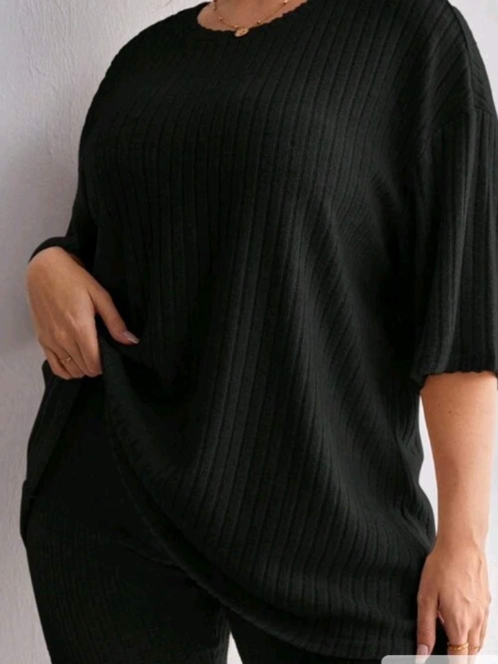 SHEIN Black Ribbed Short Sleeve Lounge Set